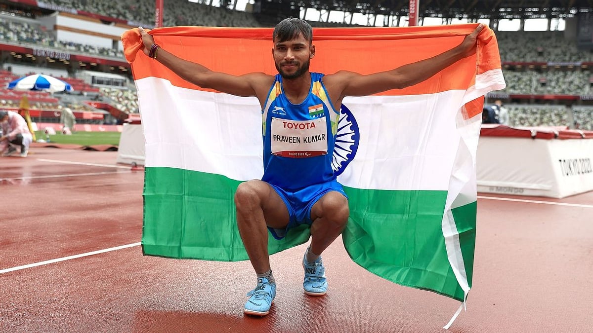 Indian para-athlete Praveen Kumar wins gold medal in men's high jump T64 at Paris Paralympics 2024. - Photo: X | Tanuj Singh